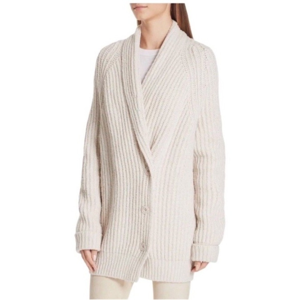 Vince Shawl Collar Ribbed Knit Cardigan Sweater Small S Beige Chunky Wool Blend